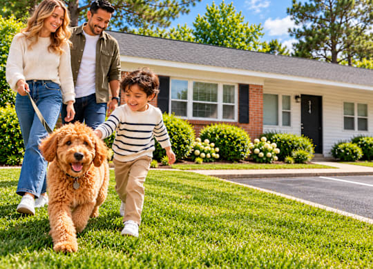A family of three walks their dog in front of a house.
