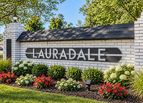 A sign that says Lauradale is surrounded by flowers.