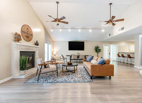 Clubroom With TV And Fireplace at Rosewood at Colony Square, Rocky Mount, 27804