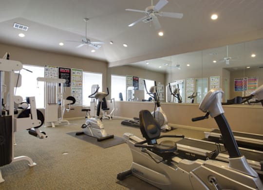 a gym with treadmills and other exercise equipment at Addison Park Apartments in Arlington, TX.