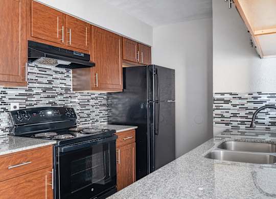 Kitchen with black appliances and mosaic tile backsplash at Ridgeview Apartments, Sherman, 75092