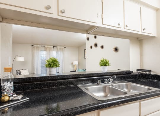 a kitchen counter with a sink and a mirror at Lumina, Dallas, Texas
