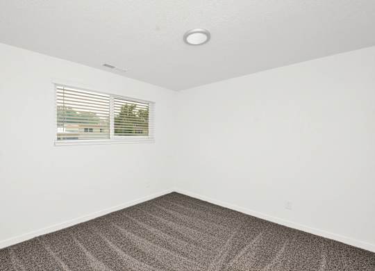 an empty room with carpet and a window