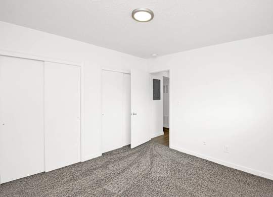 a bedroom with white walls and carpet and white closets