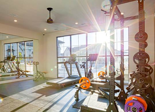 A gym with a variety of equipment including weights and a treadmill.