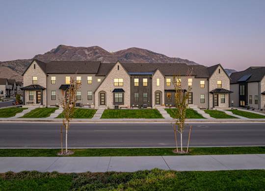 A row of houses with trees in front of them.