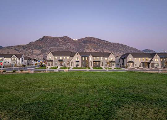 A row of houses with a mountain in the background.