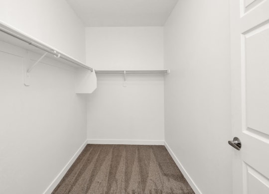 an empty room with white walls and carpet and a white closet
