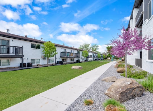 the preserve at ballantyne commons apartment community walkway with trees and houses