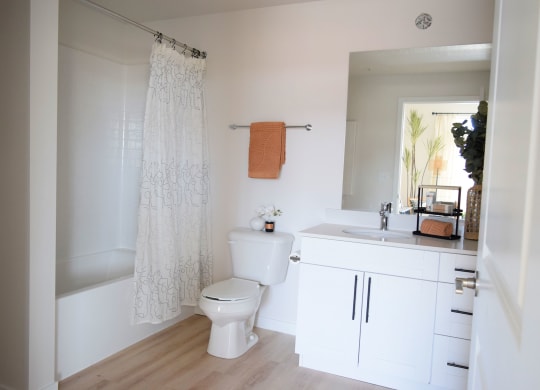 a bathroom with a white sink and toilet and a white shower curtain