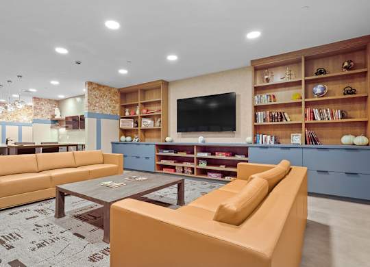 A living room with a television, couches, and bookshelves.