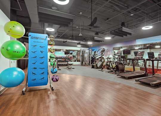 A gym with a variety of equipment and exercise balls.