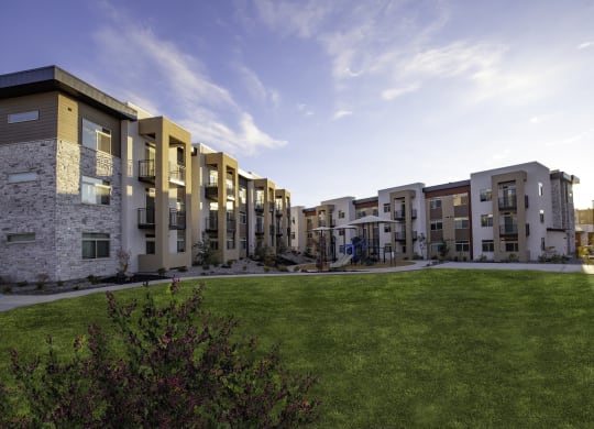 a view of an apartment courtyard with a green lawn