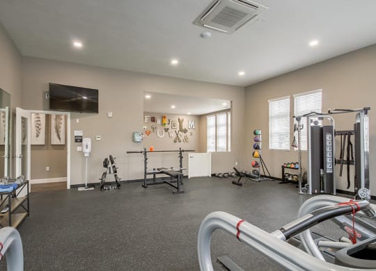 our apartments have a gym with equipment and a flat screen tv