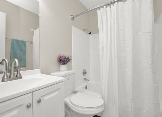 A white bathroom with a toilet, sink, and shower.