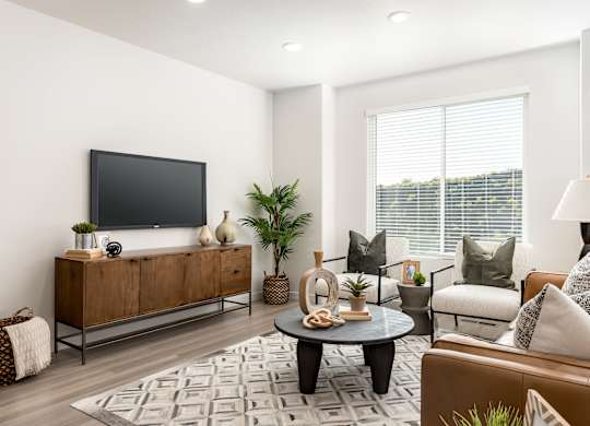A modern living room with a flat screen TV, a wooden cabinet, a grey sofa, a coffee table, and a rug.