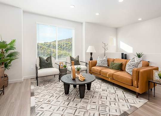 A living room with a brown sofa, a black coffee table, and a grey rug.