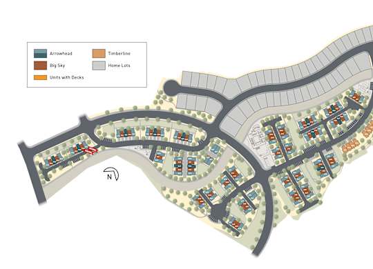 A map of a housing development with a legend indicating the colors for Arrowhead, Timberline, Big Sky, and Home Lots.