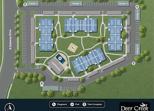 A map of a park with a playground, pool, and trash compactor.