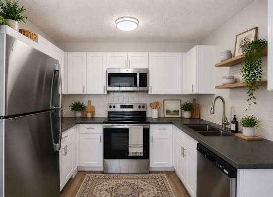 A kitchen with white cabinets and a black countertop.
