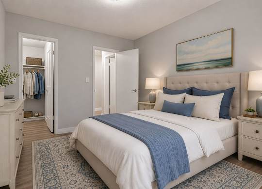 A bedroom with a large bed and a painting of a beach scene on the wall.