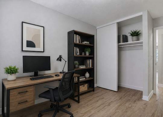 A black chair is in front of a desk with a computer and a plant.