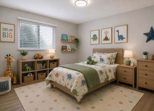 A child's bedroom with a bed, dresser, and a giraffe toy.