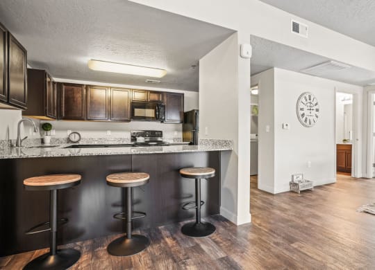 a kitchen with a bar with three stools