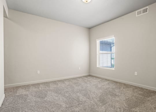 an empty room with a window and carpet