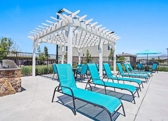 A row of blue chairs are lined up under a white pergola.