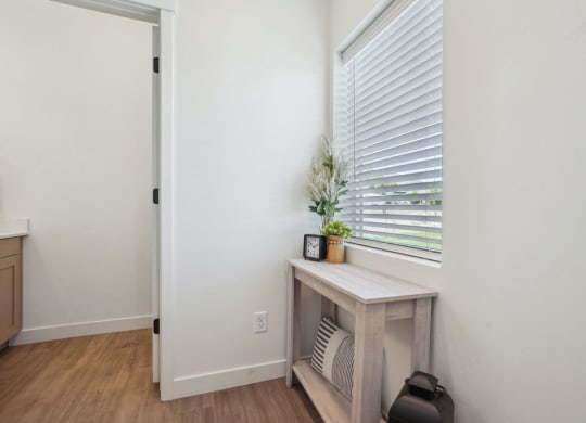 a room with a window and a table with a plant