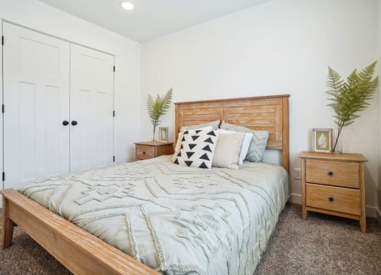 a bedroom with a bed and two chests of drawers