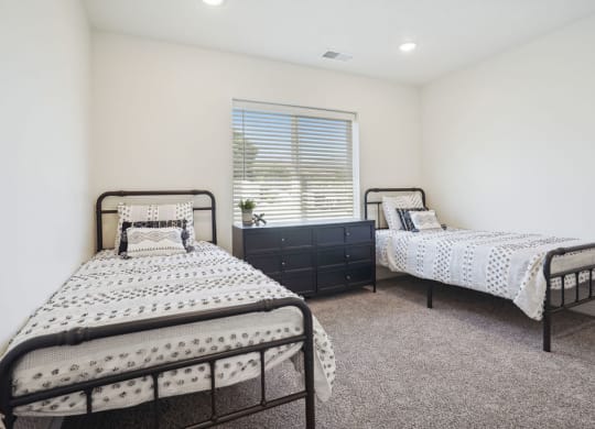 a bedroom with two beds and a window