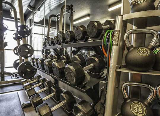 a gym with weights on a rack in the middle