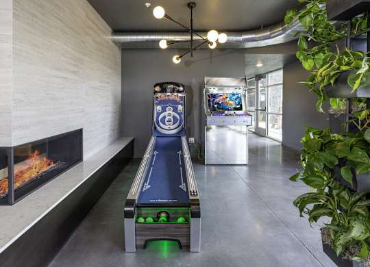 a room with a video game and a gas fireplace