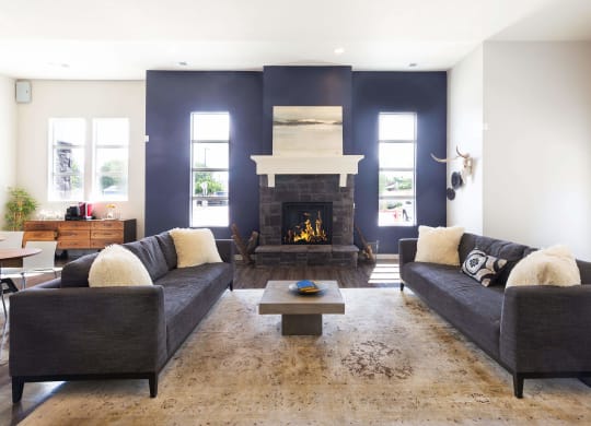 a living room with a fireplace and two couches