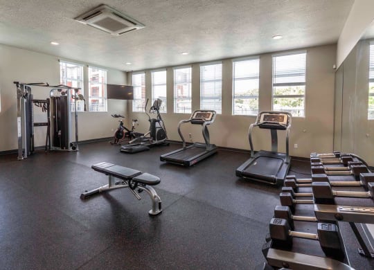 a gym with treadmills and other exercise equipment