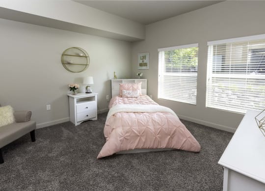 a bedroom with gray carpeting and a bed with a pink comforter