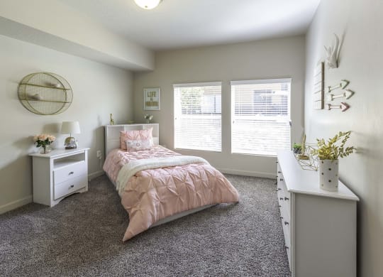 a bedroom with a bed and two windows