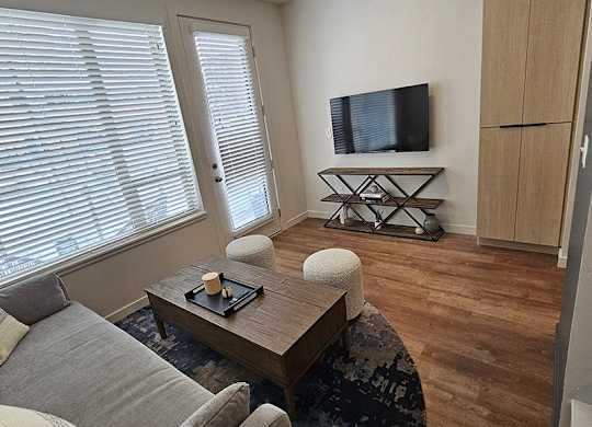 A living room with a grey couch, a wooden coffee table, a television, and a black and white rug.