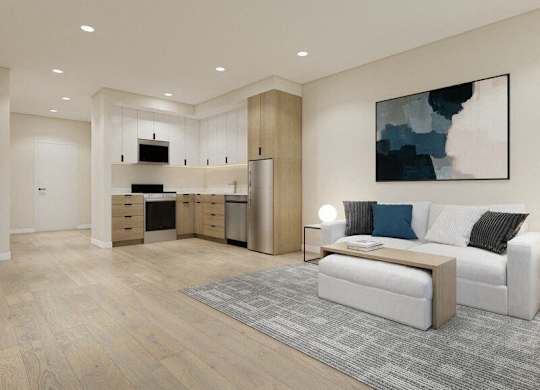 A modern living room with a white couch and a grey rug.