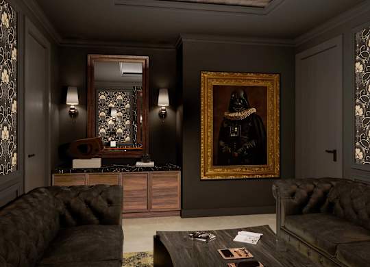 A living room with a brown couch and a painting of a black dog.