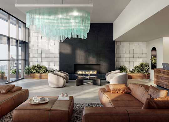 A modern living room with a fireplace and a large window.