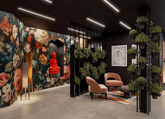 A room with a floral wallpaper and a chair.