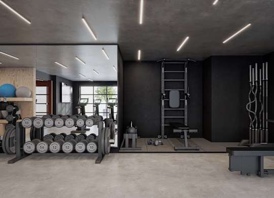 A gym with weights and a ladder.