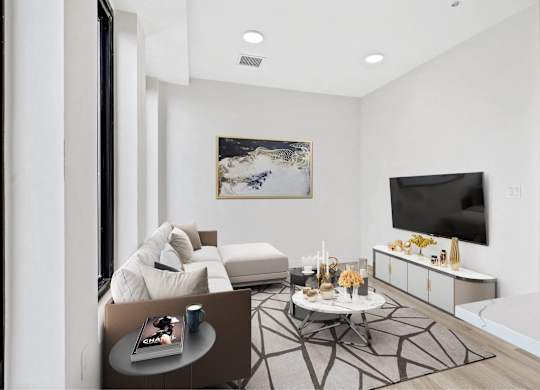 A modern living room with a white couch, a coffee table, and a large painting on the wall.