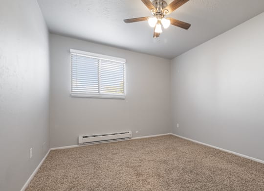 A room with a ceiling fan and carpeted floor.