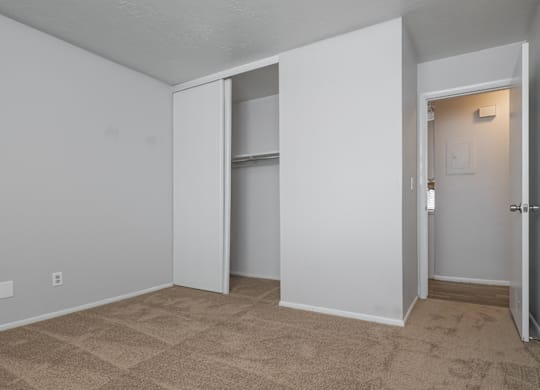 A room with a carpeted floor and white walls, with a closet and a door visible.