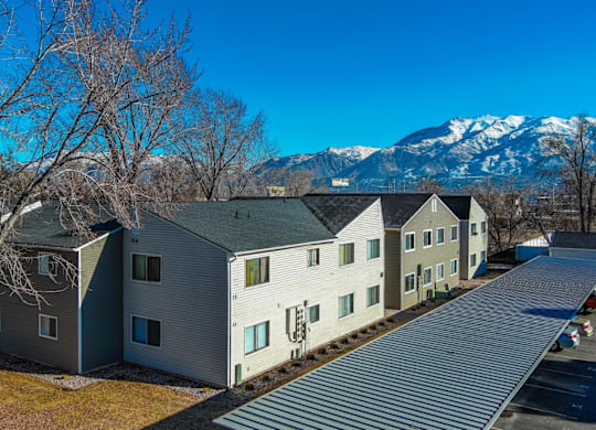 A row of houses with a mountain in the background.