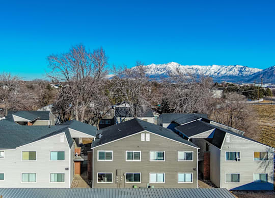 A row of houses with a mountain in the background.